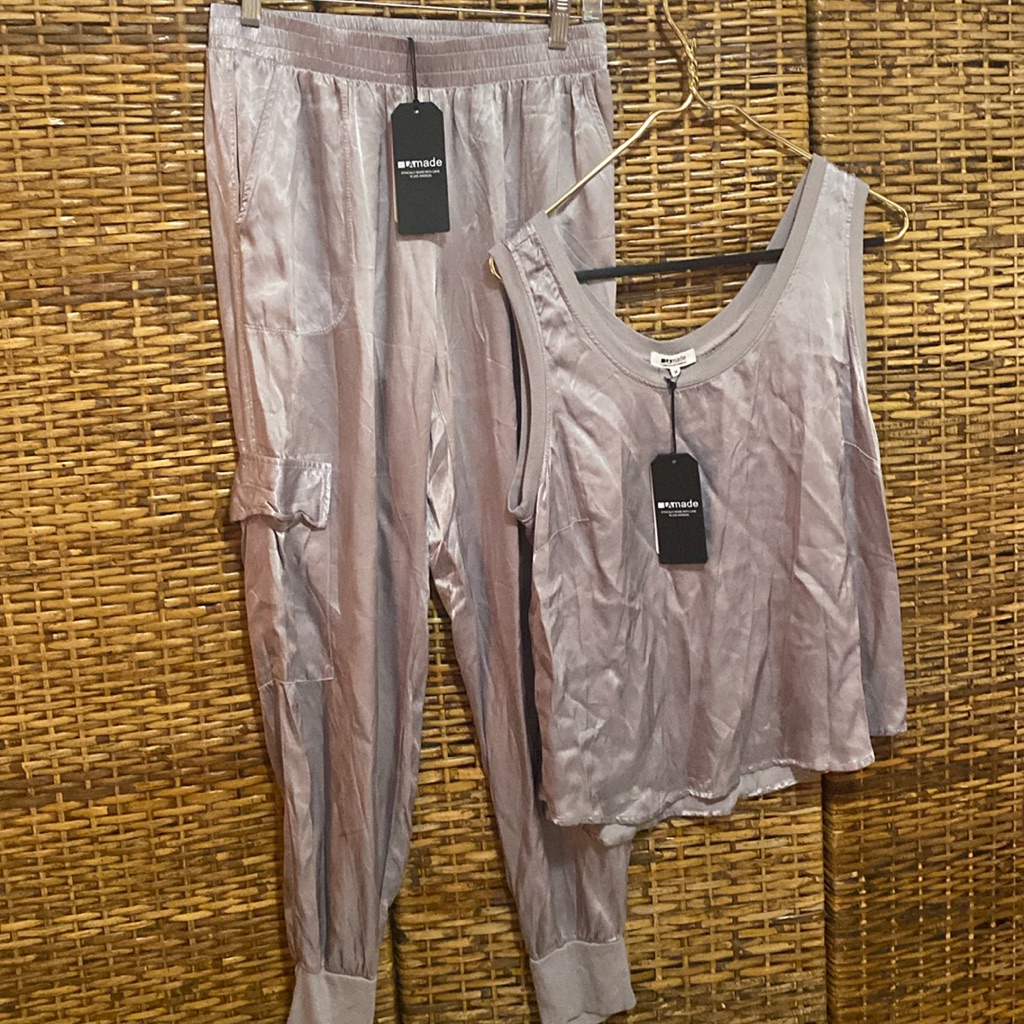 Nwt La Made Silver Satin Cargo Pants Tank Top Set M